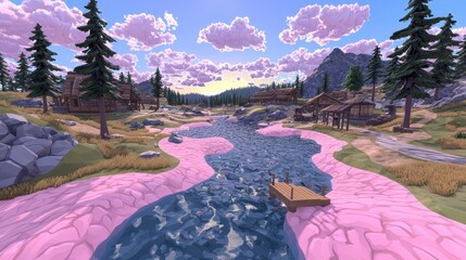 Wall Mural - Low Poly River Village Landscape with Pink Sand and Wooden Houses