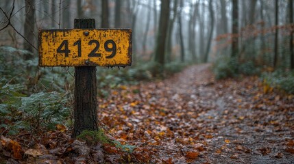 Canvas Print - Yellow Signpost in Forest Path with Autumn Leaves