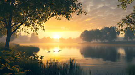 A serene lake surrounded by trees as the sun rises over the horizon 