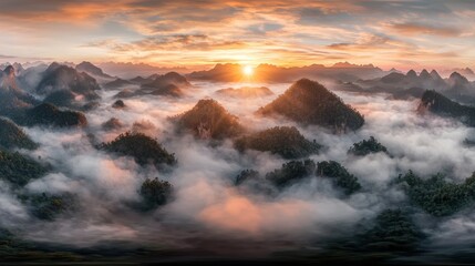 Wall Mural - Majestic Mountain Peaks Emerging from Misty Sunrise