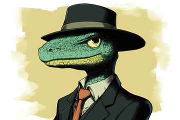 Wall Mural - caracter cartoon lizard wears anime style suit and hat