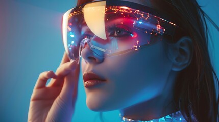 Portrait of a woman wearing futuristic glasses with blue and red neon lighting.