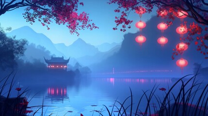 the beautiful anime background of the beautiful lake at night