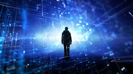 Wall Mural - loop digital network road with silhouette of a man and flashing lights.