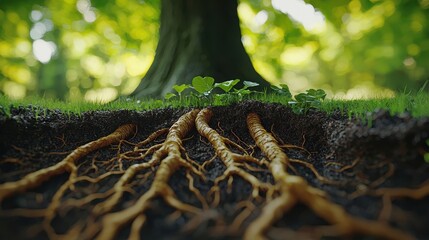 Canvas Print - Tree Roots In Soil With Green Grass And Plants