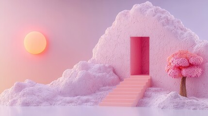 Poster - Pink Surreal Landscape with Doorway and Tree