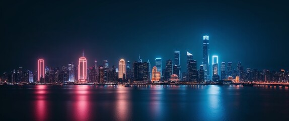 Cityscape on dark blue background with bright glowing neon. 