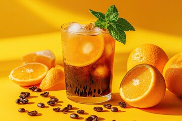 Espresso coffee with orange juice (bumble) in a tall glass with ice and mint on a yellow background with coffee beans, citrus fruits and morning shadows. Trendy summer Asian refreshing drink