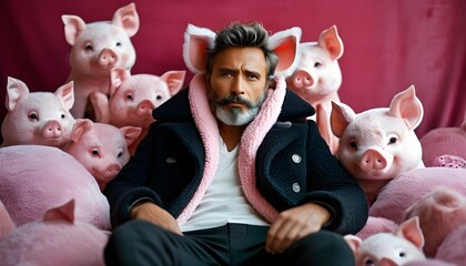 Wall Mural - Chic gentleman surrounded by playful plush pink pigs, blending sophistication with a touch of whimsy