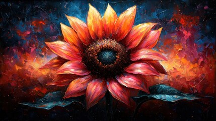 Wall Mural - Abstract Oil Painting of a Sunflower with Red  Orange and Yellow Petals