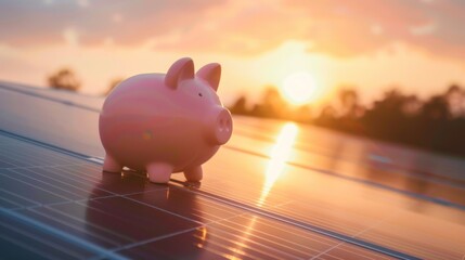 Piggy Bank on Solar Panel at Sunset