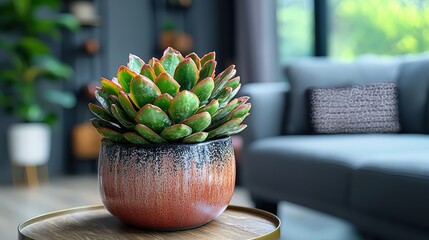 green succulent plant in a decorative pot on a wooden table