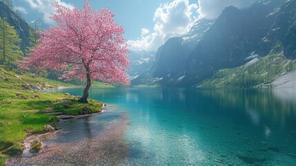 Poster - Majestic Mountain Lake with Pink Blossoms and Clear Water