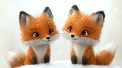 Sticker - Cute Cartoon Fox Pair In Winter Snow