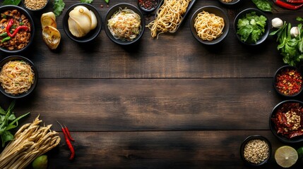 Wall Mural - topview Pad Thai and ingredient thai food concept on wooden background