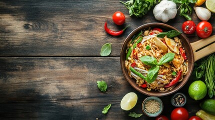 Wall Mural - topview Pad Thai and ingredient thai food concept on wooden background