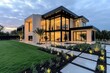 © Sanchai - A modern luxury home at sunset, with large windows, manicured lawns, and outdoor lighting highlighting the architecture