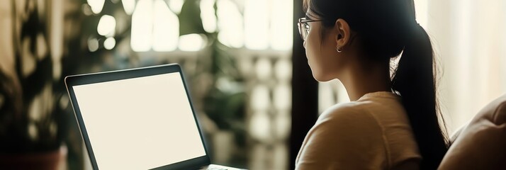 Woman working on laptop, home office, cozy atmosphere, natural light, potted plants, soft focus, warm tones, productivity, remote work, comfortable seating, over-the-shoulder view, modern lifestyle, m