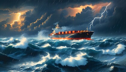 Dramatic Oil Tanker Ship Battling Through Turbulent Seas Amidst Stormy Weather and Striking Lightning