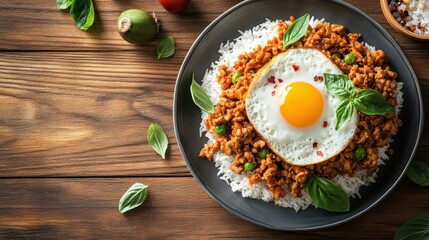 topview fried egg on stir-fried minced pork with basil on rice in plate and ingredient thai food concept on wooden background