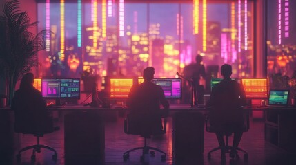 A team of professionals working on cloud servers and automation systems in a sleek, modern office, surrounded by holographic data interfaces, symbolizing innovation and efficiency.