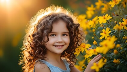 Joyful girl embracing yellow flowers in a sunny, warm atmosphere