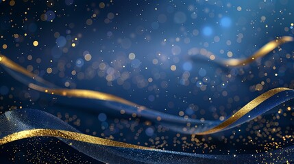 Canvas Print - Blue background with golden lines, blue ribbon, glitter light effect and bokeh decoration. Luxury style design background