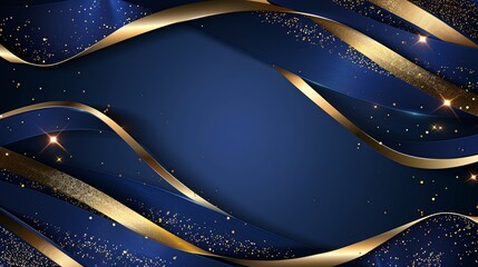 Canvas Print - Blue background with golden lines, blue ribbon, glitter light effect and bokeh decoration. Luxury style design background