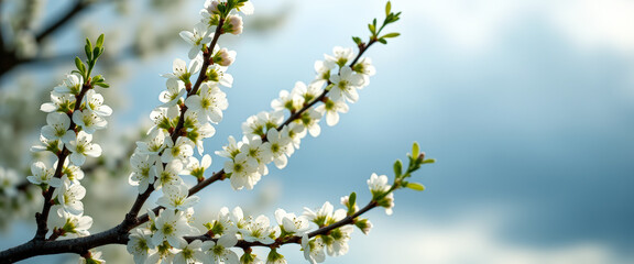 Wall Mural - Blooming White Flowers on Branch Against Blue Sky