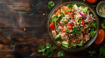  topview tuna Salad in glass bowl and ingredient thai food concept on wooden background