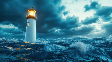 stunning lighthouse stands tall amidst turbulent waves, illuminating darkening sky with its warm glow. scene evokes sense of hope and guidance in stormy sea