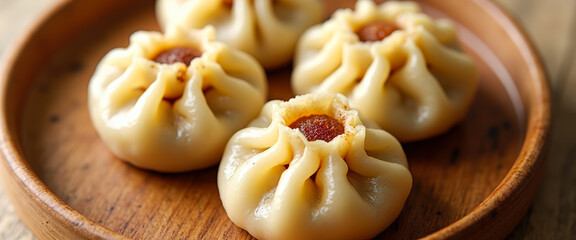 Canvas Print - Steamed Buns with Meat Filling on Wooden Plate