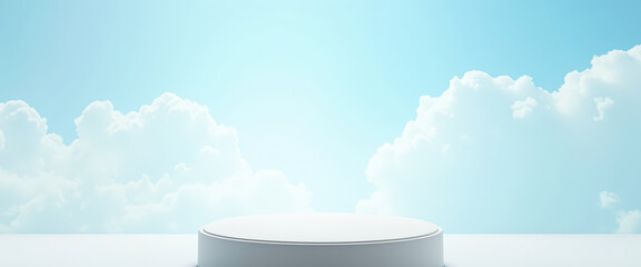 Sticker - White podium on light blue sky background with clouds