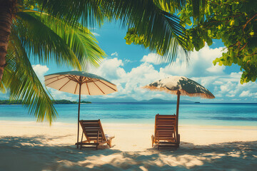 Wall Mural - Chairs And Umbrella In Tropical Beach - Seascape Banner