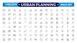 © artshuvo - Urban planning Outline icons. City development, smart city infrastructure.plan, urban,dearchitecture, city, construction, building.  Editable stroke outline icon.