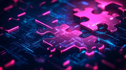 API Integration Concept. Neon Puzzle Pieces on Futuristic Digital Background for Seamless Connectivity