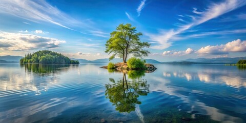 Wall Mural - A serene little island with a lone tree in the middle of a crystal clear lake, serene, island, tree, nature, landscape