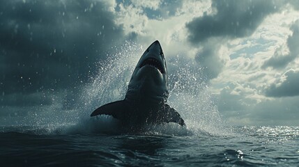 Wall Mural - a great white shark leaps out of the water with its mouth open, creating a splash of water.