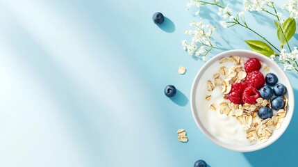 A bowl of yogurt with granola, blueberries, and raspberries on a light blue background with white flowers.