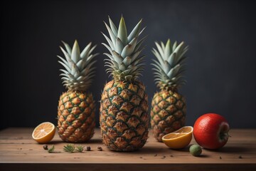 Pineapples on a wooden background. ai generative