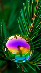 Poster - Iridescent Bubble on Pine Needles