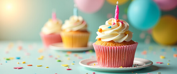 Poster - Birthday cupcake with a single candle and colorful sprinkles