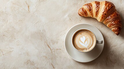 A cup of cappuccino with a heart design in the foam, and a croissant on a beige marble background.