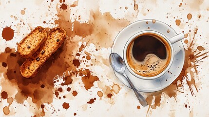 A cup of coffee with a saucer and a spoon on a white table with brown coffee stains and two pieces of biscotti.