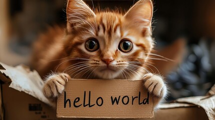 With its fluffy orange fur and inquisitive gaze, the kitten captures attention as it holds a charming sign that says hello world, nestled comfortably in a cardboard box