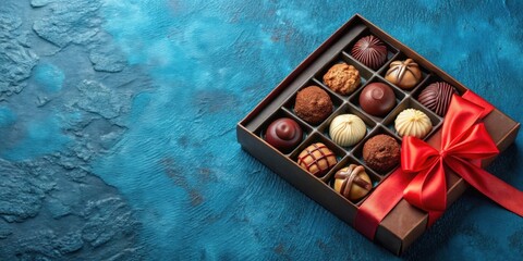 Assorted gourmet chocolates in gift box with red ribbon on blue textured background, chocolates