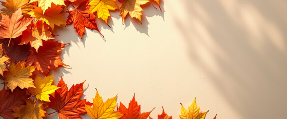 Poster - Autumn leaves border on beige background