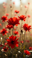Wall Mural - red flowers in a field of golden light