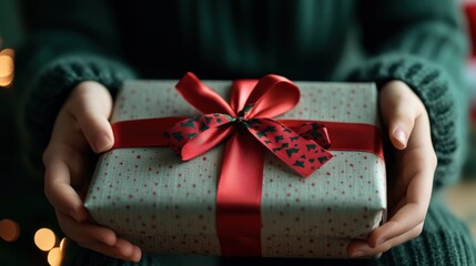 A close-up of hands green silk shirt a Christmas present with red ribbon and a festive gift tag