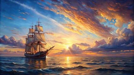 Wall Mural - Oil painted ship sailing through calm sea at sunset, ship, sea, sunset, oil painting, water, waves, golden hour, evening